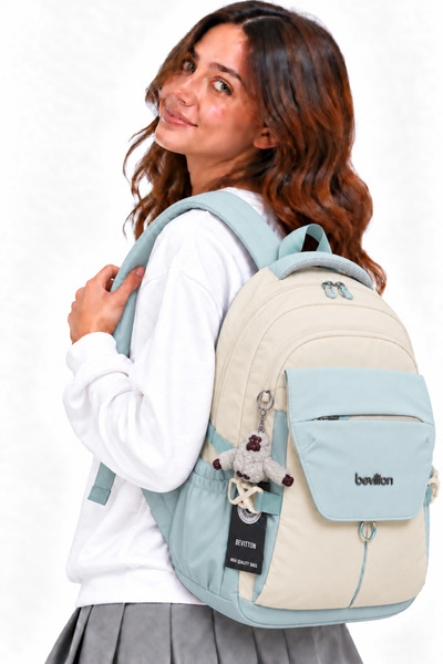 ÇantaExpress School Bag Waterproof Fabric Unisex School Backpack 2601 Beige-Blue