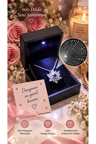 HKN AVM ACCESSORİES Işıklı Hediye Kutulu 100 Dilde Seni Seviyorum Gümüş Renk Dünyanın En Güzel Kızı Notlu Çelik Kararmaz Kolye Lotus Çiçeği Kolye Doğum Günü Hediyesi sevgililer günü Hediyesi