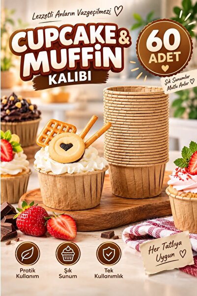 Kitchen Beauty 60'lı Kraft Muffin Cupcake Kalıbı Kek Kapsülü Naturel Kek Kalı...