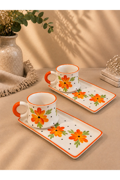 ASSERAMİK Orange Floral Patterned Handmade, Presentation Coffee Cup Set