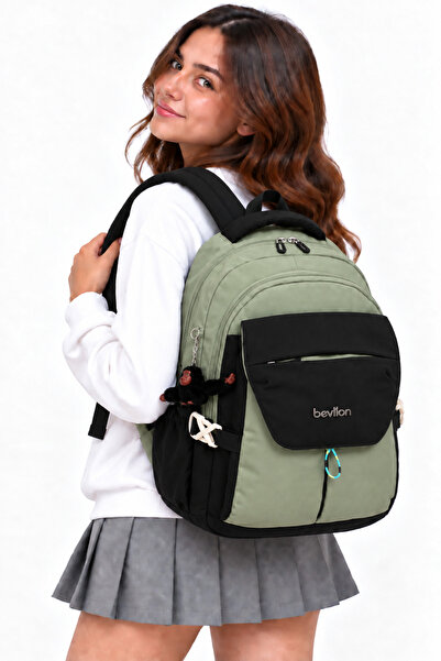 Harmela Waterproof Fabric Unisex Daily School Backpack 2601 Green-Black