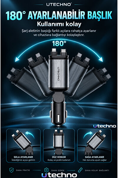 utechno 66W 4in1 Tavan Aydınlatmalı Araç İçi Çakmaklık Şarj Aleti Type-C Lightning Kablolu USB + Type-C Giriş PD Hızlı Şarj