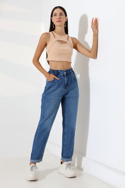 sports here Girl'S/Women's High Waist Elastic Waist Comfortable Fit Blue Denim Jeans