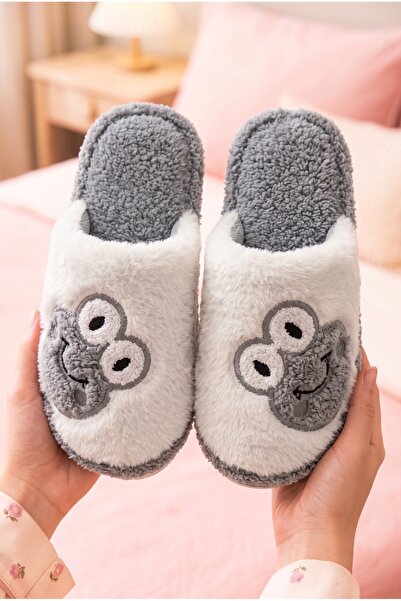 StWenn Kadın Peluş Terlik İçi Kürklü Kurbağa Figürlü Sessiz Ortopedik Taban P...