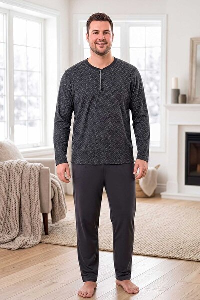 Erkek Uzun Kol %100 Pamuk Büyük Beden Pijama Takımı Antrasit