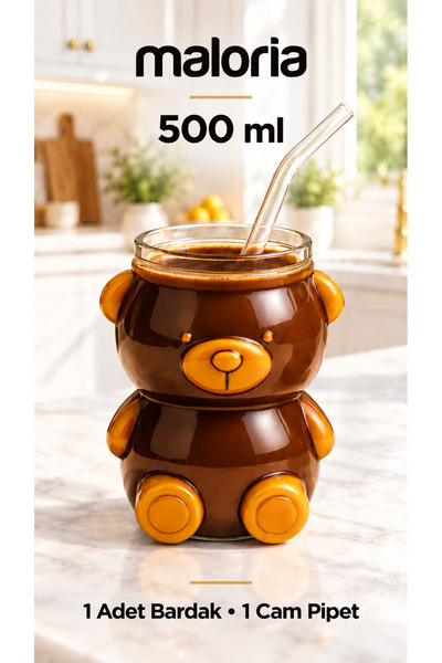 Maloria Borosilikat Pipetli Sevimli Ayıcık Kahve Bardağı Seti | Tekli - 500ml