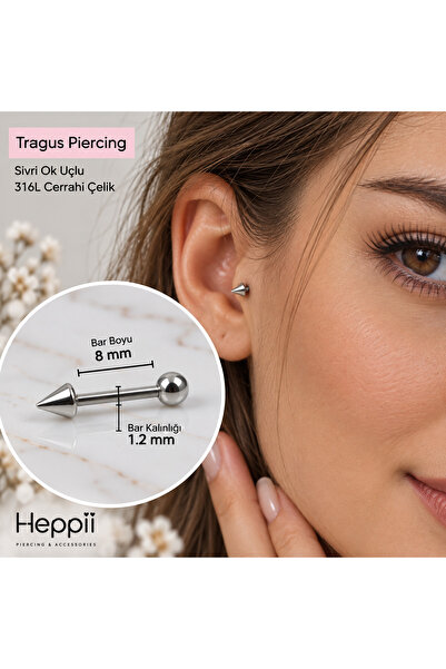 Heppii Cerrahi Çelik Sivri Uçlu Tragus Piercing Helix Kıkırdak 8 mm Gümüş Ren...