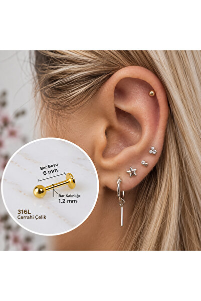 Heppii Cerrahi Çelik Top Piercing Tragus Helix Lob Conch Kııkırdak 6 mm Gold ...
