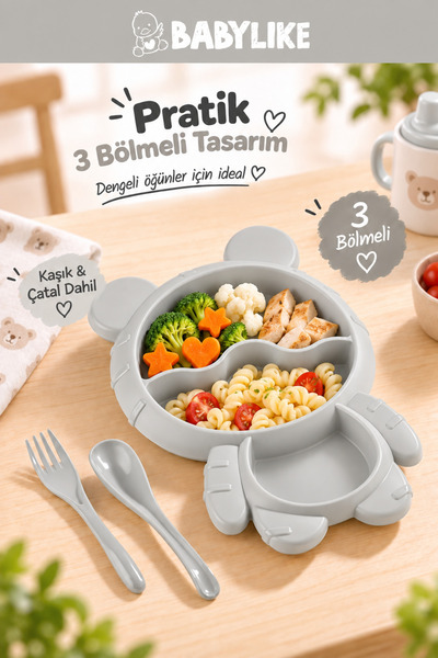 Babylike Bölmeli Bebek Beslenme Tabağı – Kaşıklı Çatallı Çocuk Mama Tabağı BP...