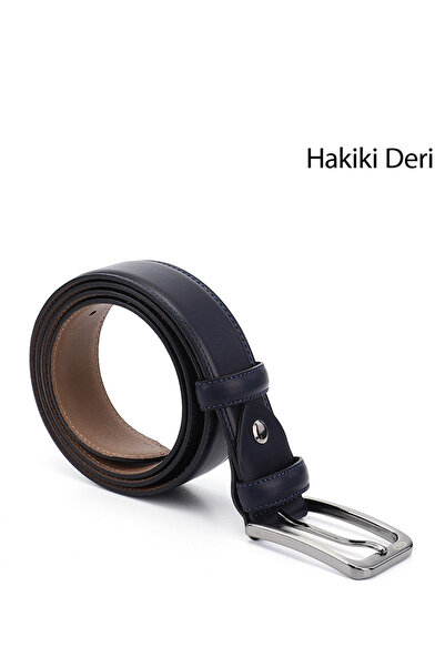 GÖNDERİ(R) Erkek Lacivert Antik Hakiki Deri 3,5 Cm Klasik Kemer