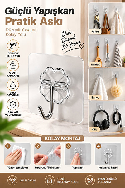 AYGÖREN HOME 1 Adet 6x6 cm Şeffaf Güçlü Kendinden Yapışkanlı Kapı Duvar Askıl...