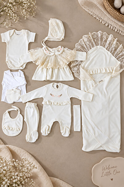 Sitilin Baby Girl Lace 10-Piece Hospital Discharge Set 100% Cotton Natural Sw...