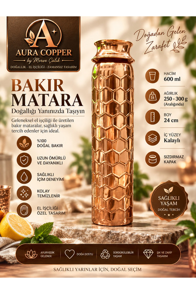 AURA COPPER قارورة نحاسية 500-600 مل - زجاجة ماء مصنوعة يدويًا بغطاء مزخرف ما...