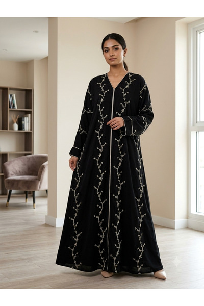 Generic Brand Black & White Floral Vine Embroidered Abaya