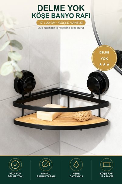 Genel Markalar Yapışkanlı Bambu Banyo Rafı Köşe Rafı 17x20 cm Delme Gerektirm...