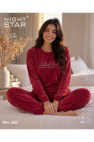 Night Star Σετ πιτζάμες French Velvet Special One με στάμπα σε μπορντό χρώμα