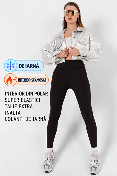 Domoda Colanți negri push-up din fleece, cu talie extra înaltă, cu cusături s...