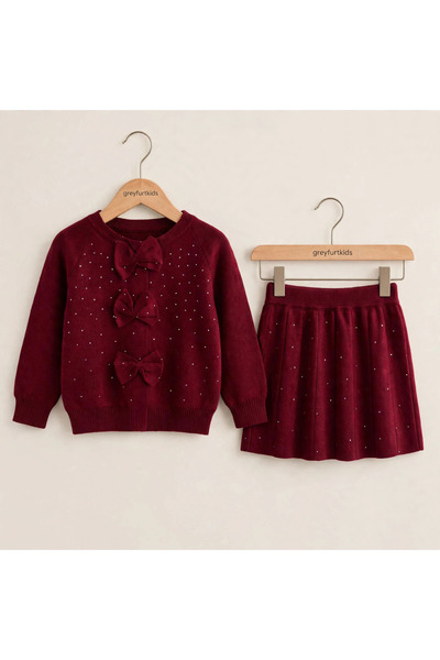 GREYFURTKİDS Stone-Embellished Tirko Cardigan and Skirt Two-Piece Girls' Set