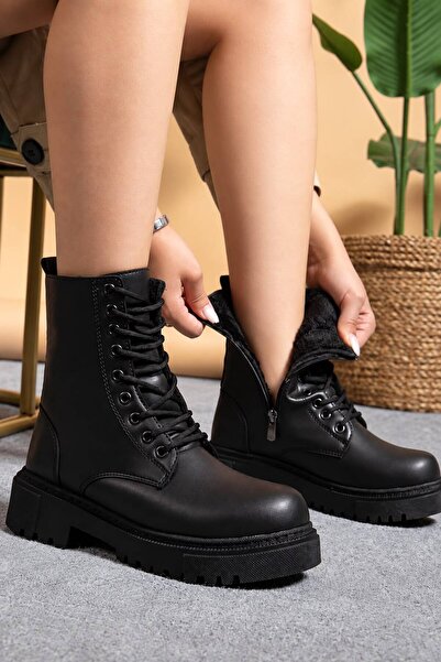 MY GROSS SHOES Kadın Siyah İçi Kürklü Kaymaz Kauçuk Taban Garantili Kışlık Bot