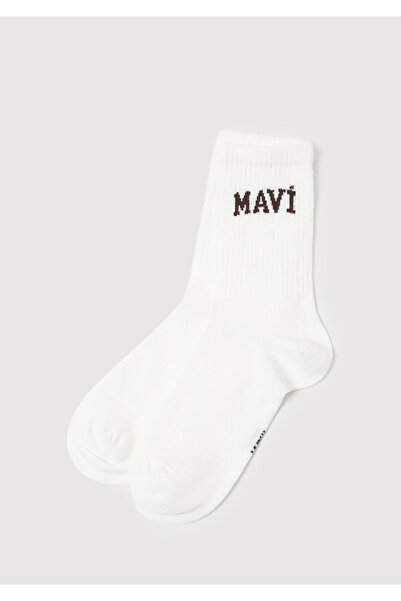 Mavi Logo Detaylı Beyaz Soket Çorap 1912726-20843