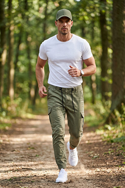 DeepSEA Men's Slim Fit Lycra Light Green Cargo Jogger Pants – Drawstring Wais...