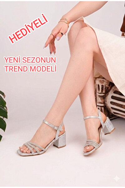 oliviashoes KADIN GÜMÜŞ YENİ SEZON ÜÇ SIRA TAŞLI SANDALET