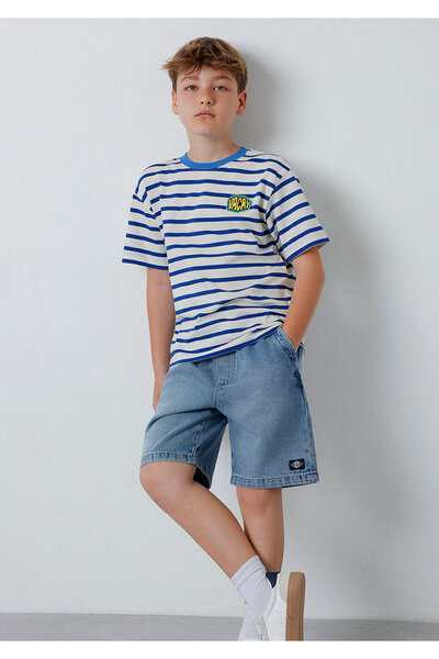 Mavi Sticker Printed Striped T-Shirt Maza