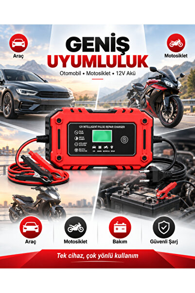 EN SİGA Akıllı Akü Şarj Cihazı 12V LCD Ekranlı Darbeli Onarım Modlu Otomatik ...