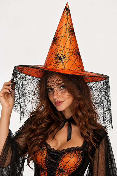 Parti dolabı Halloween Cadılar Bayramı Cadı Şapkası Turuncu Siyah Örümcek Ağ ...