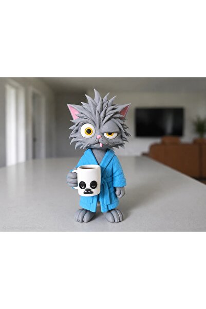 FDI3D Figurină decorativă Pisică cu cană de cafea, imprimată 3D, 14 × 7 × 7 cm