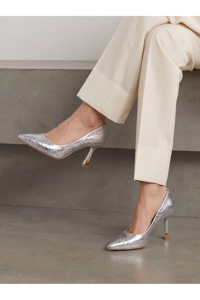 Riccon Vega Alba Women's Pointed Toe Heeled Shoes 00122237 Silver Crocodile