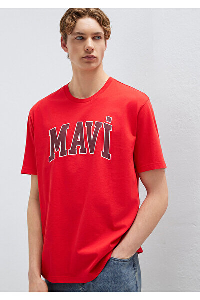 Mavi Logo Baskılı Kırmızı Tişört Loose Fit / Bol Rahat Kesim 0611711-70467