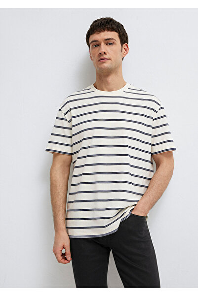 Mavi Çizgili Ekru Tişört Loose Fit / Bol Rahat Kesim 0613138-70057