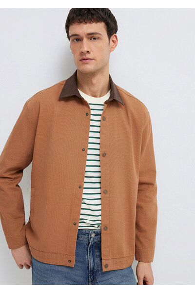 Mavi Yaka Detaylı Kahverengi Gömlek Loose Fit / Bol Rahat Kesim 0211900-91393