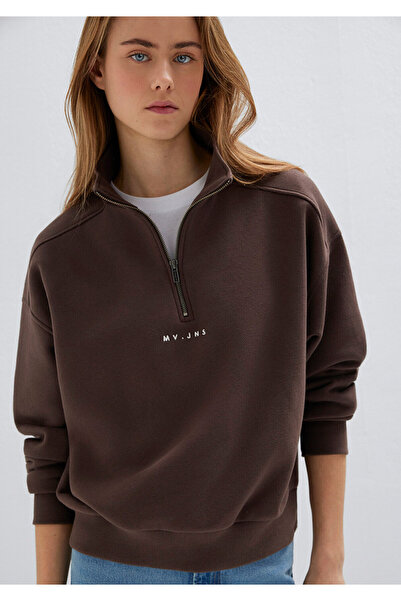 Mavi MVJNS Nakışlı Yarı Fermuarlı Kahverengi Sweatshirt 1S10533-71603