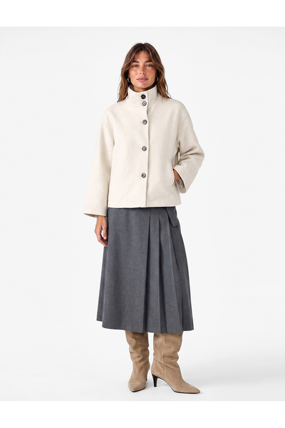 Koton Buttoned Long Sleeve Short Stand Collar Oversized Cashmere Coat with Po...
