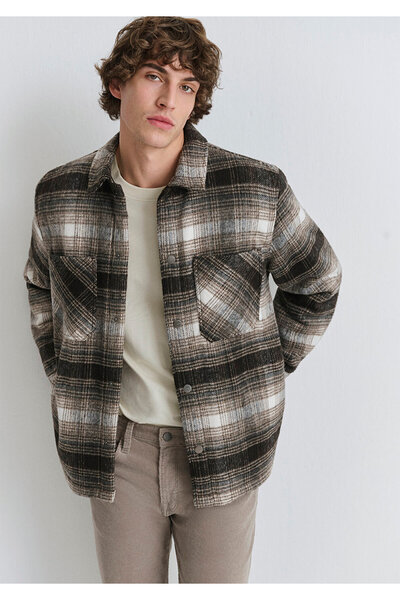 Mavi Kareli Kahverengi Ceket Oversize / Geniş Kesim 0110745-91228