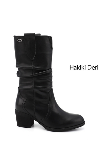 GÖNDERİ(R) Kadın Siyah Kalın Topuklu Körüklü Hakiki Deri Çizme