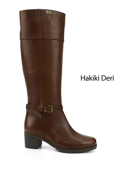 GÖNDERİ(R) Brown Antique Heart Genuine Leather Round Toe Rubber Sole Heeled Z...