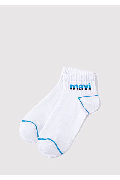 Mavi Logo Baskılı Beyaz Soket Çorap 092523-620