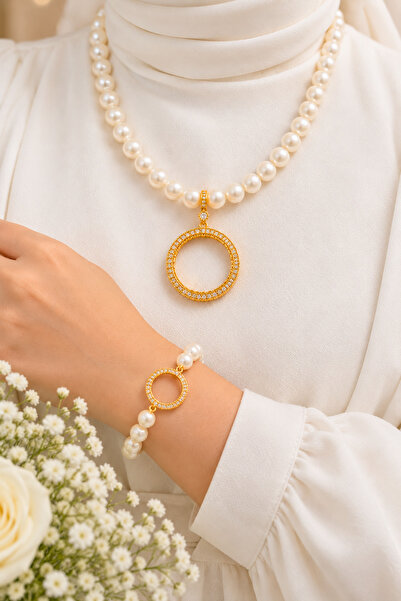 TwinsCollection Tamlı Altın Uyumlu 12mm İncili Kolye Bileklik Seti - Çeyrekli...