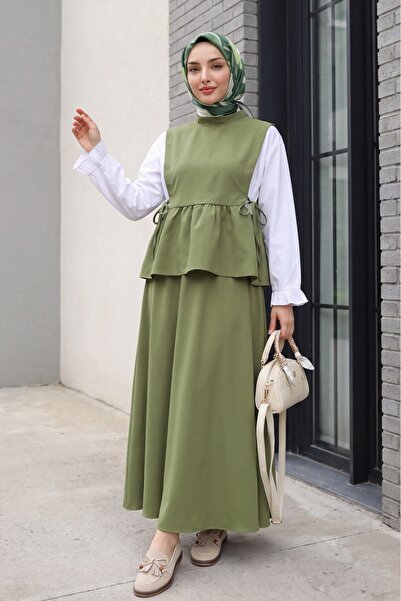 Modamorfo Shirt Detailed with Side Laces and Ruffled Skirt Dabıl Set -Khaki