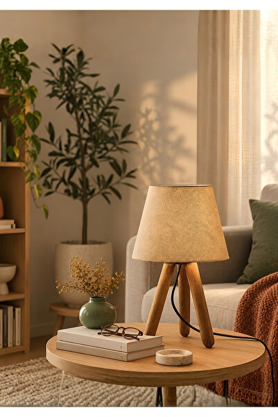 HOMİNG Tasarım Ahşap Kumbeji Kumaş Başlıklı Abajur Ayd-3171