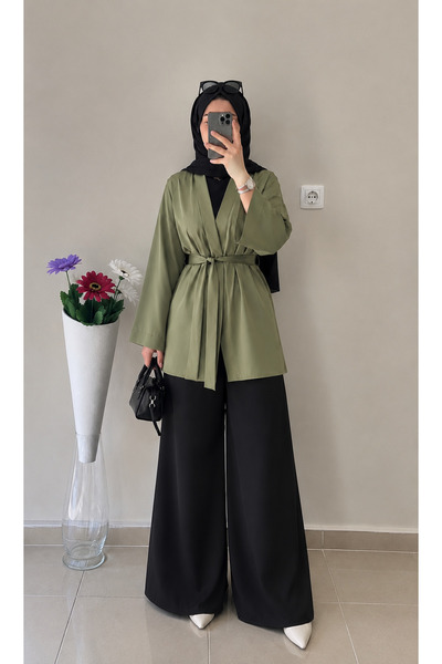 DİLEKBUTİK Yağ yeşili kemerli kimono