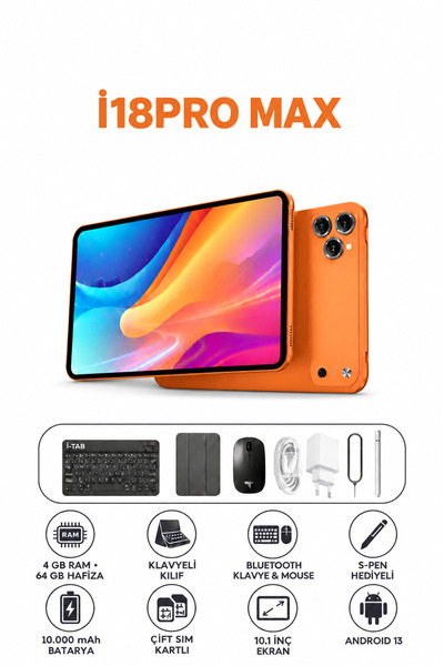 İ-TAB İ18PRO MAX 4GB RAM 64GB Hafıza Klavyeli Kılıf + Bluetooth Klavye & Mous...