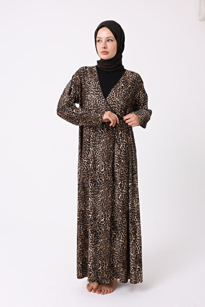 Kutay Collection Namaz Terletmeyen Viskon Dökümlü Leopar Desenli Mevsimlik Ka...