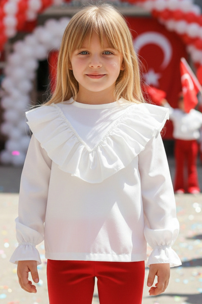 Parla Kids بلوزة بأكمام طويلة مكشكشة على شكل حرف V للفتيات