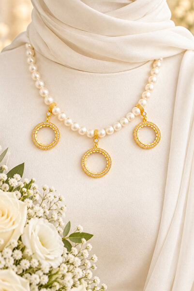 TwinsCollection Yarım ve Çeyrek Altın Uyumlu 8mm İncili 3'ü Bir Yerde Kolye -...