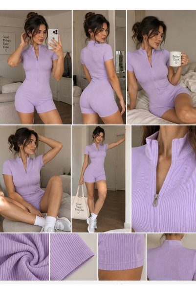 hipnoz butik Kadın Fermuarlı Kısa Kollu Spor Şort Tulum