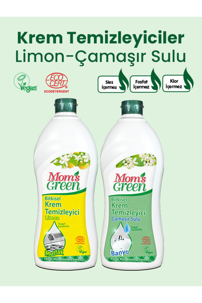 Mom's Green 2'li Set-Bitkisel Krem Temizleyici Mutfak ve Krem Temizleyici Banyo Çamaşır Sulu (750 ml x 2 Adet)